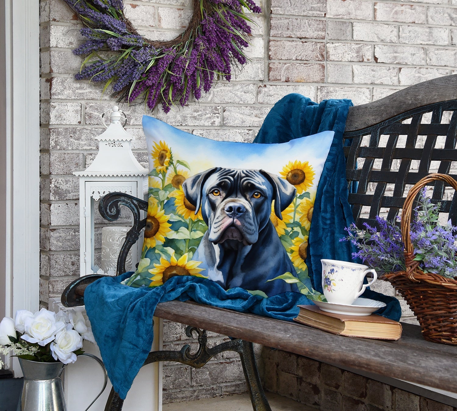 Cane Corso Sunflower Throw Pillow on a cozy couch
