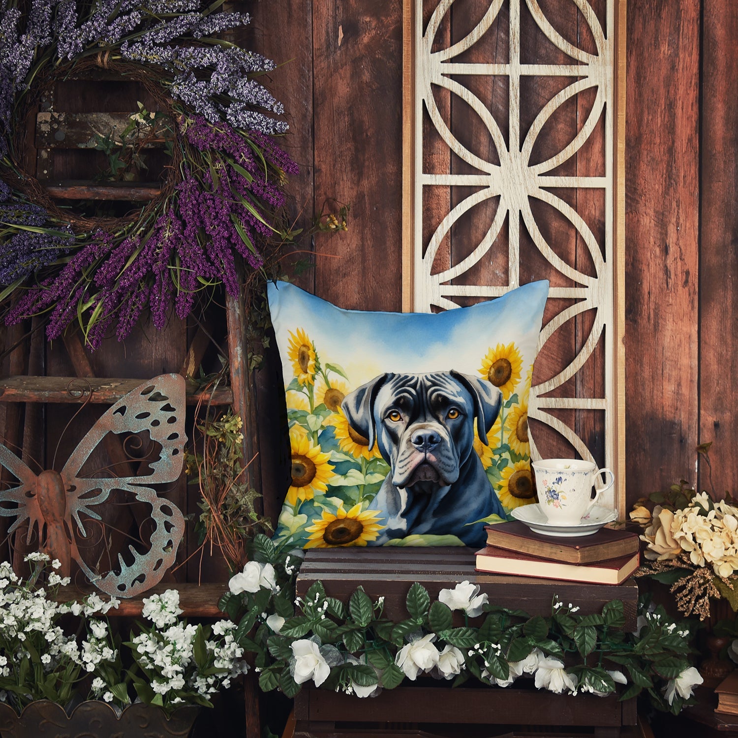 Close-up of vibrant design on Cane Corso Sunflower Throw Pillow