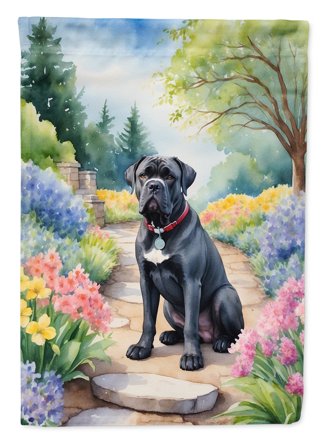 Cane Corso Spring Path Decorative Flag in bright colors against a blue sky