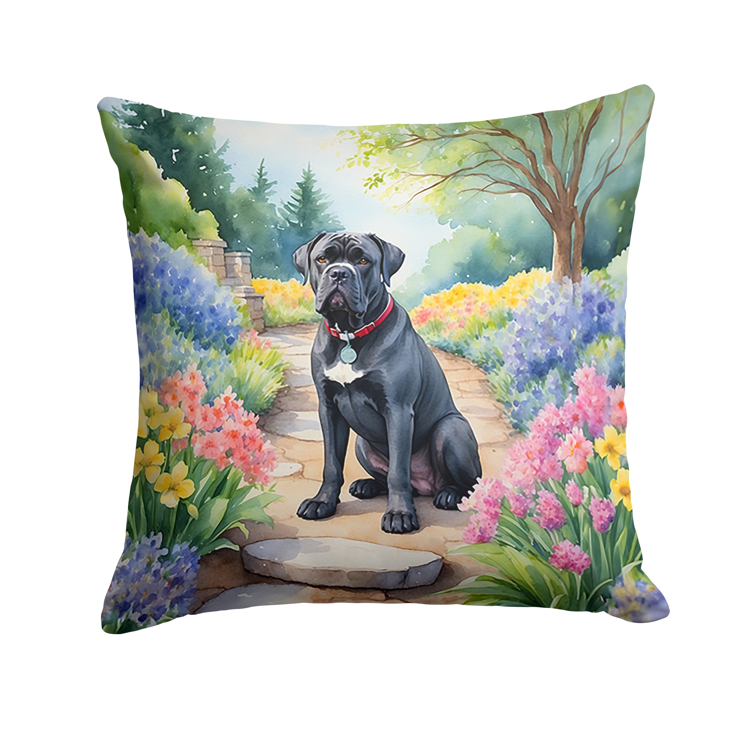 Front view of Cane Corso Spring Path Decorative Throw Pillow in vibrant colors by Caroline's Treasures