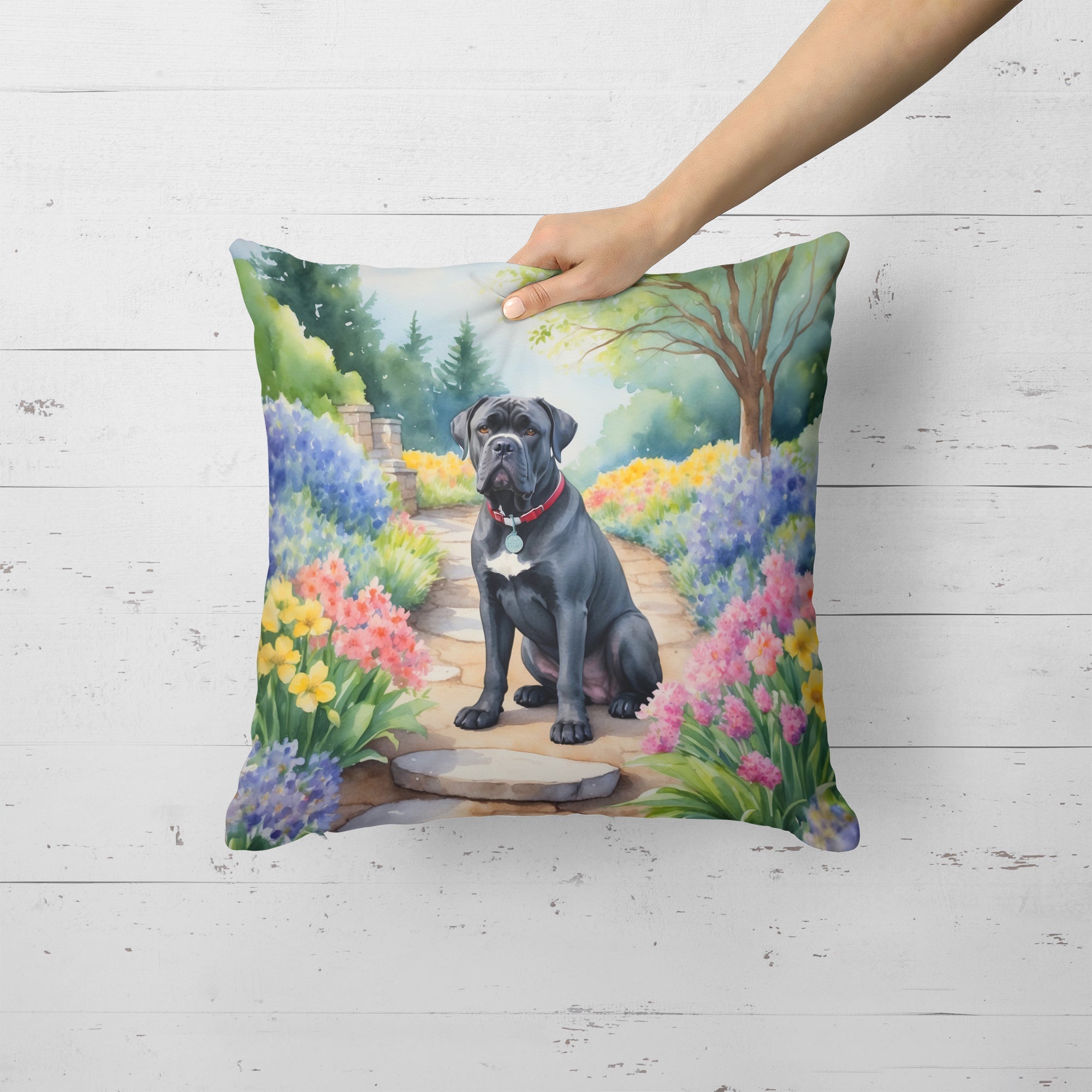 Side view showcasing the plush texture of Cane Corso Spring Path Throw Pillow