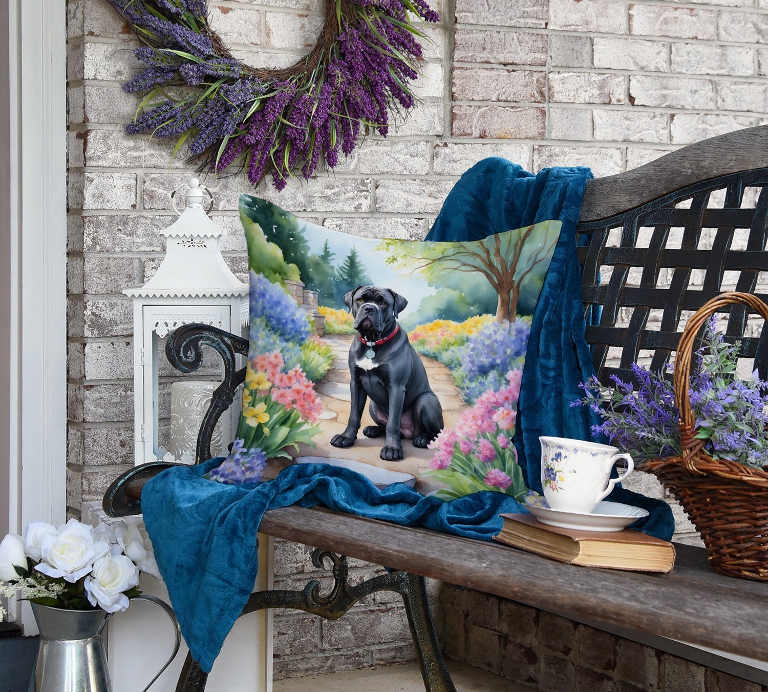 Cane Corso Spring Path Decorative Throw Pillow outdoors on patio furniture