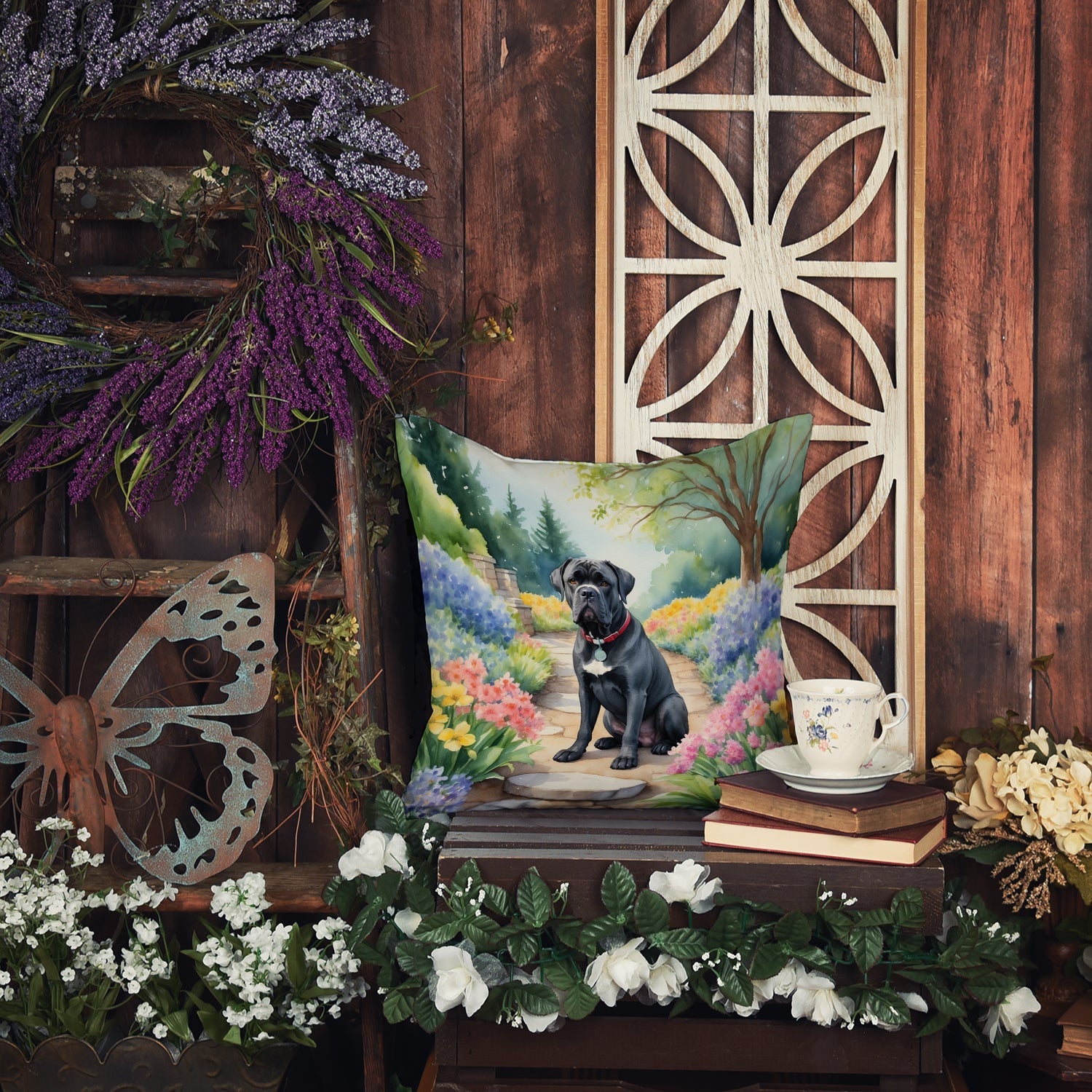 Close-up of Cane Corso Spring Path Decorative Throw Pillow highlighting water-resistant material