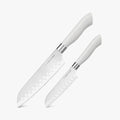 Front view of Dura Living EcoCut 2-Piece Santoku Knife Set with blade guards