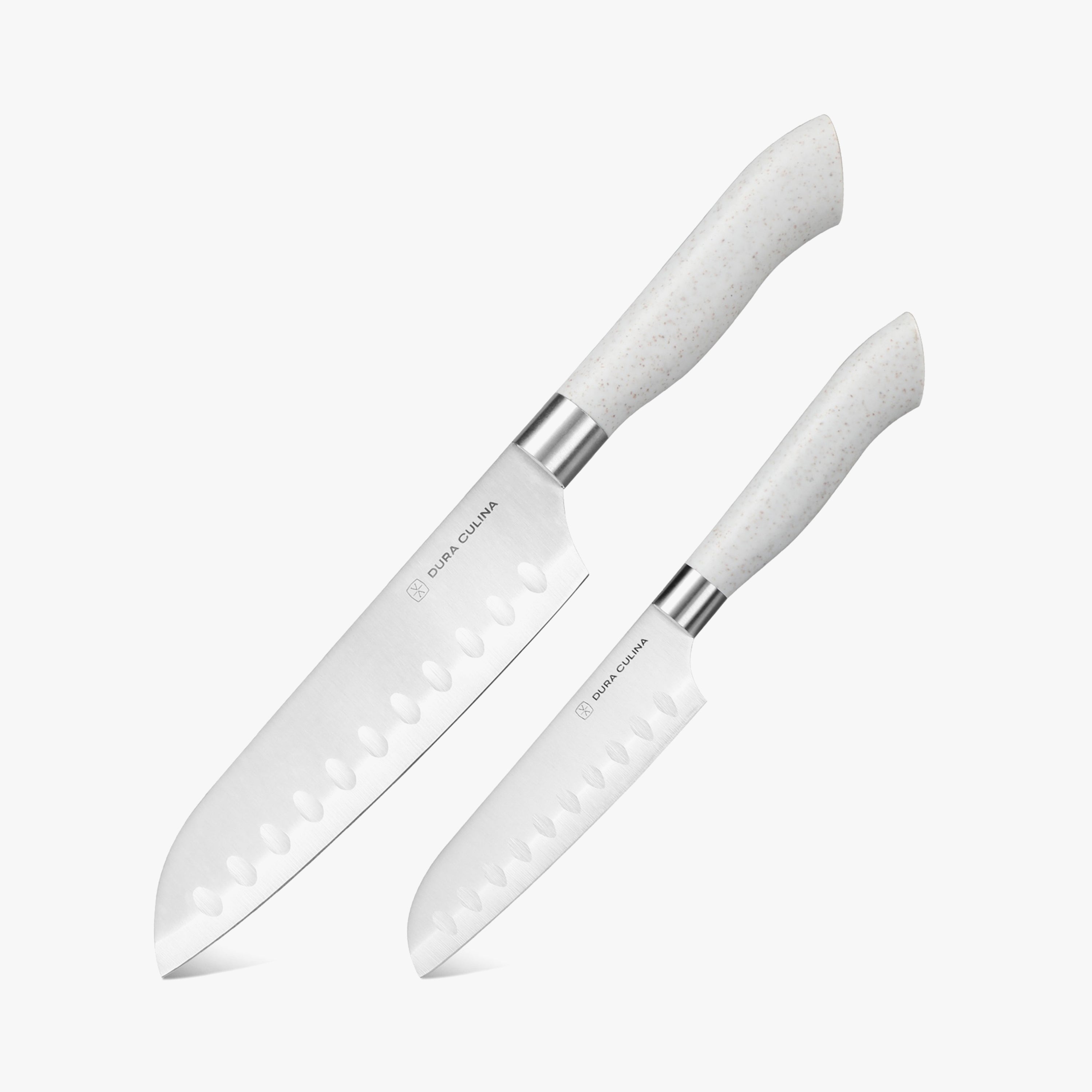 Front view of Dura Living EcoCut 2-Piece Santoku Knife Set with blade guards