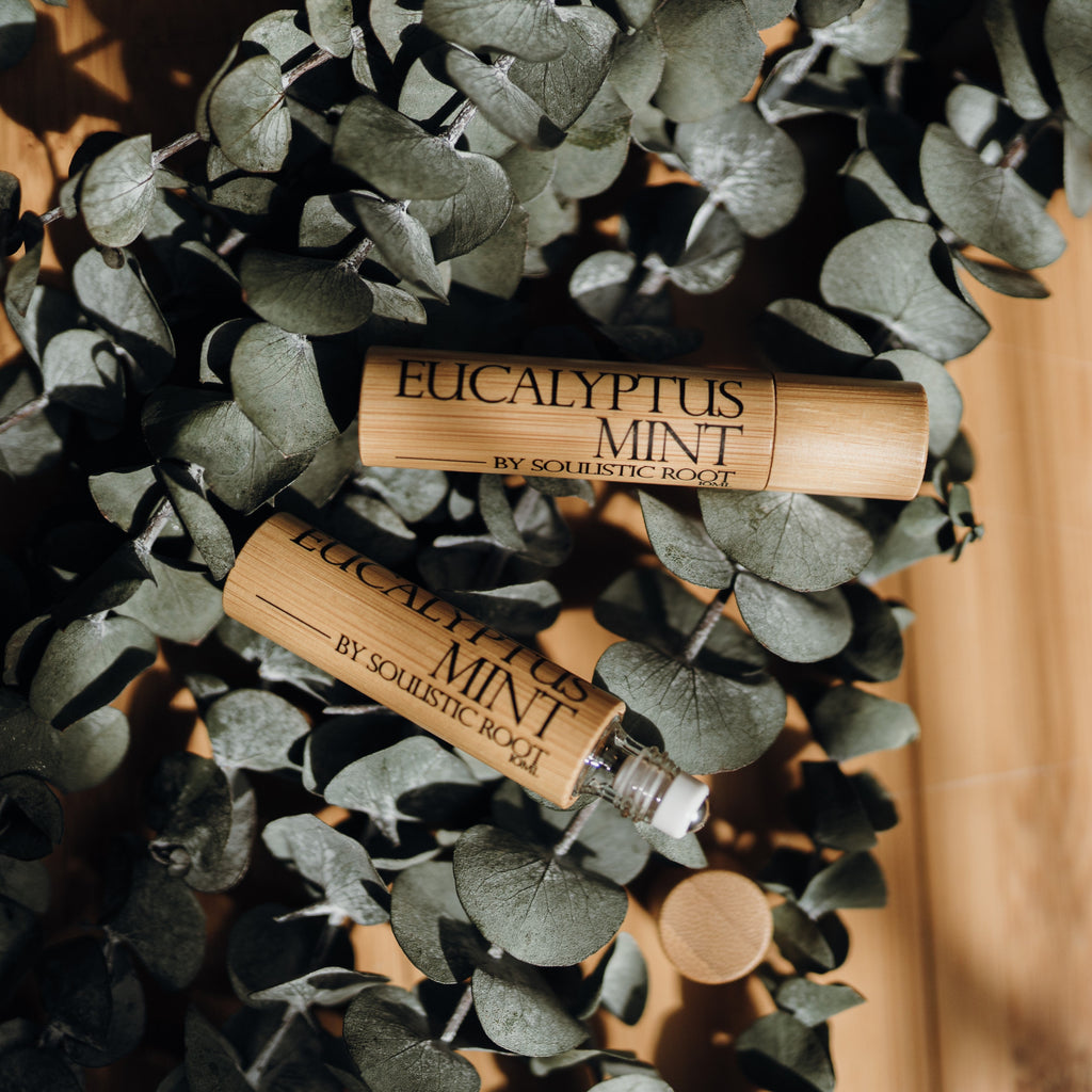 Close-up of the Eucalyptus Mint Bamboo Roller's natural ingredients