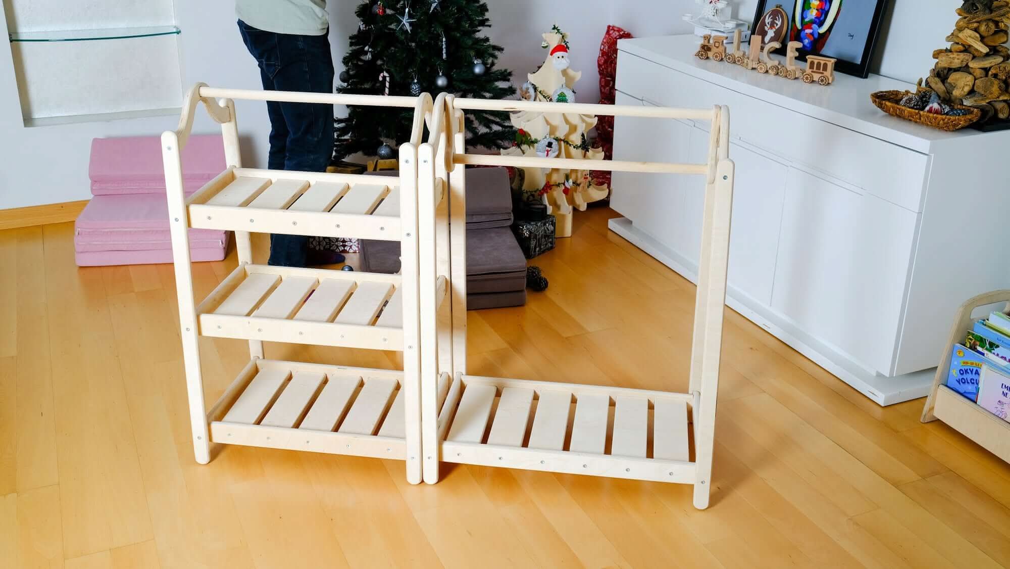 Montessori Wooden Wardrobe Set styled with toys and books