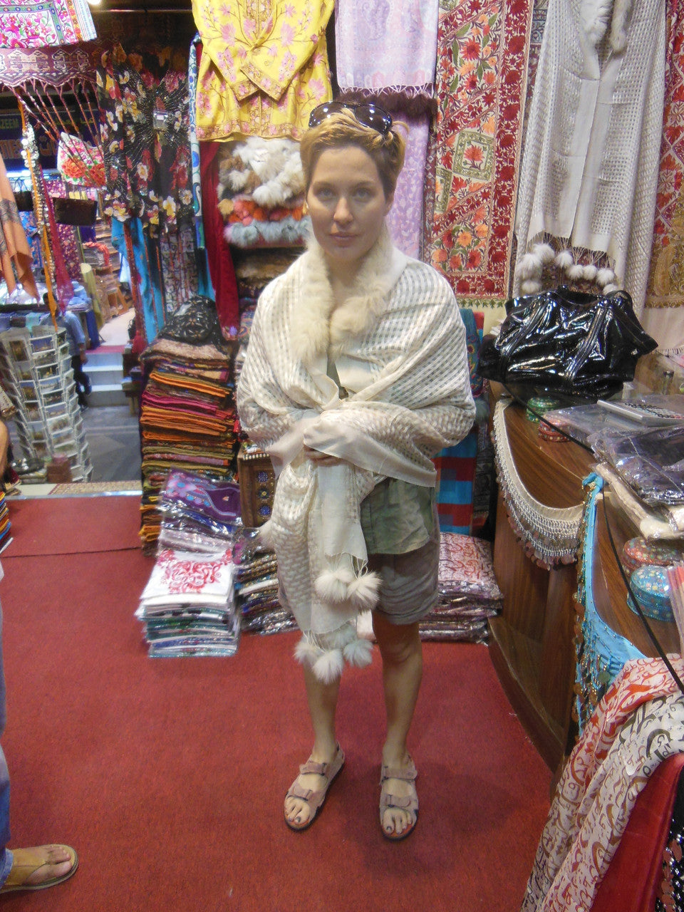 Elegant front view of Creamy Taupe Pashmina with furry collar by Gobingya
