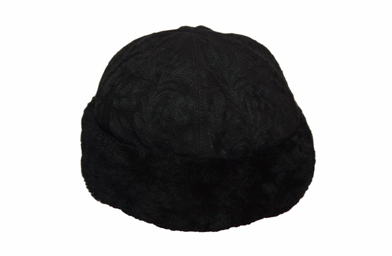 Stylish black suede hat with intricate embroidery by Gobingya