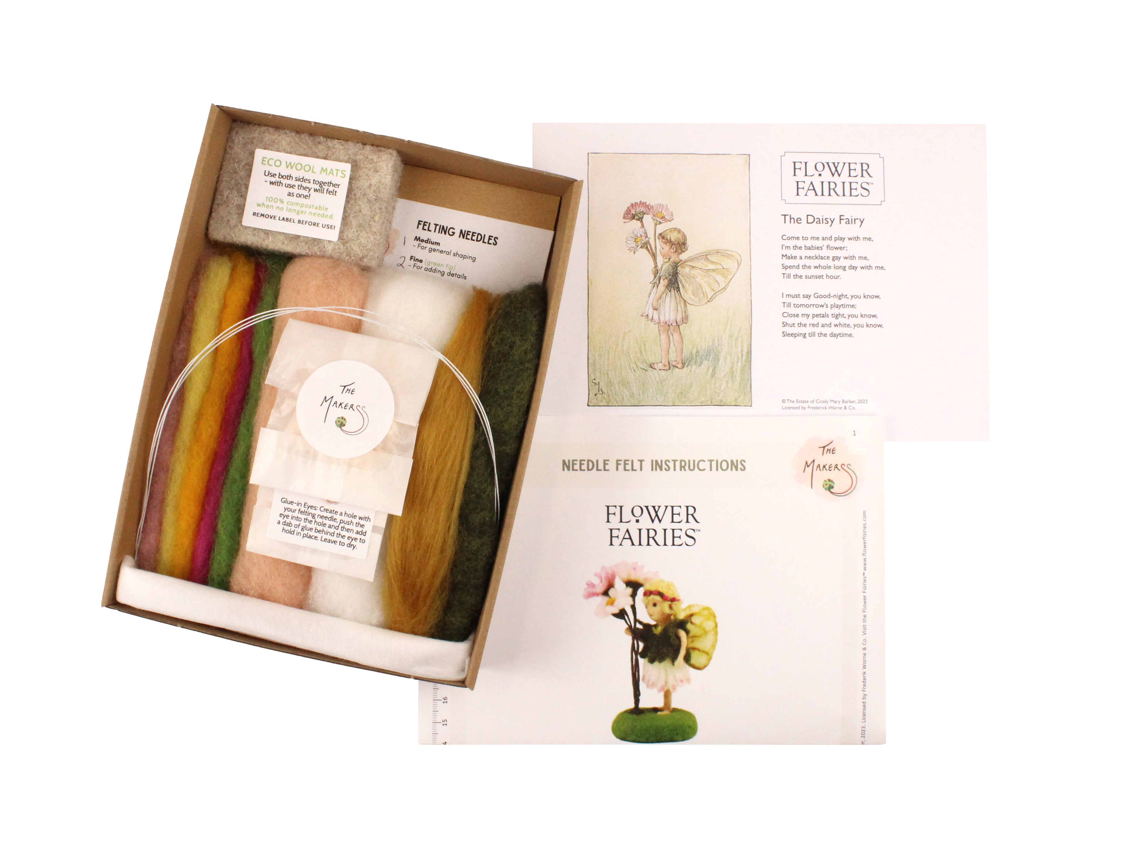 Materials included in Enchanting Daisy Fairy Needle Felting Kit