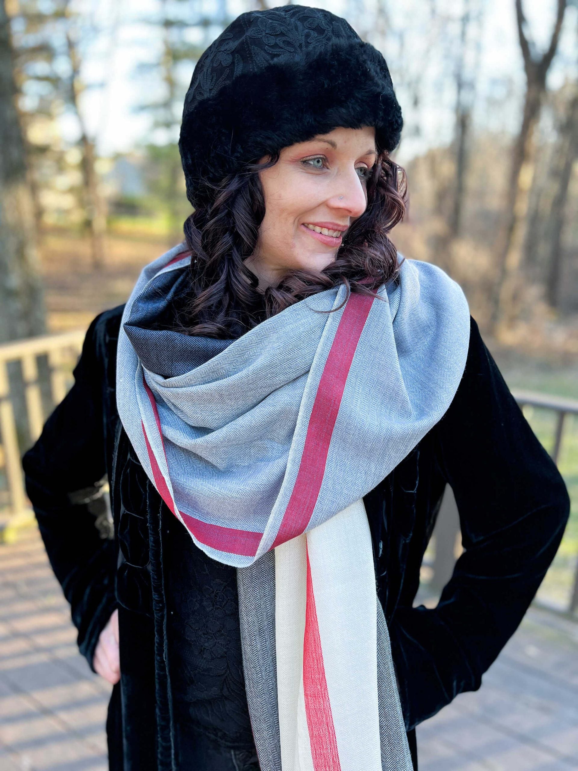 Cozy lamb wool lining of the black embroidered hat by Gobingya