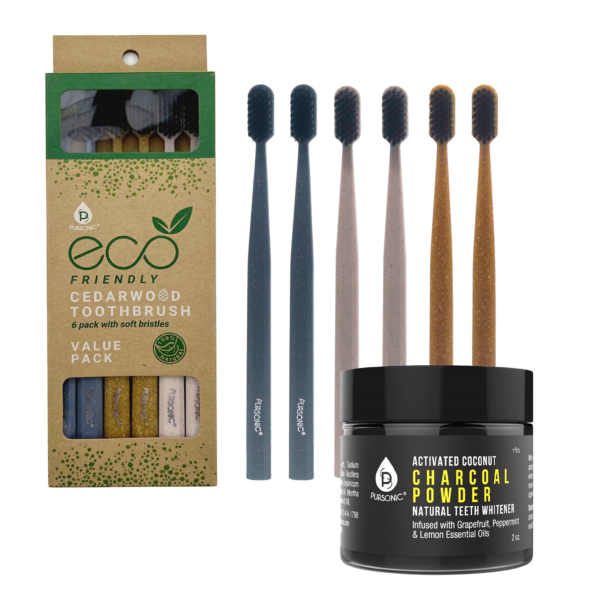 Eco-Friendly Teeth Whitening Set with Cedarwood Toothbrushes by Pursonic - Front view