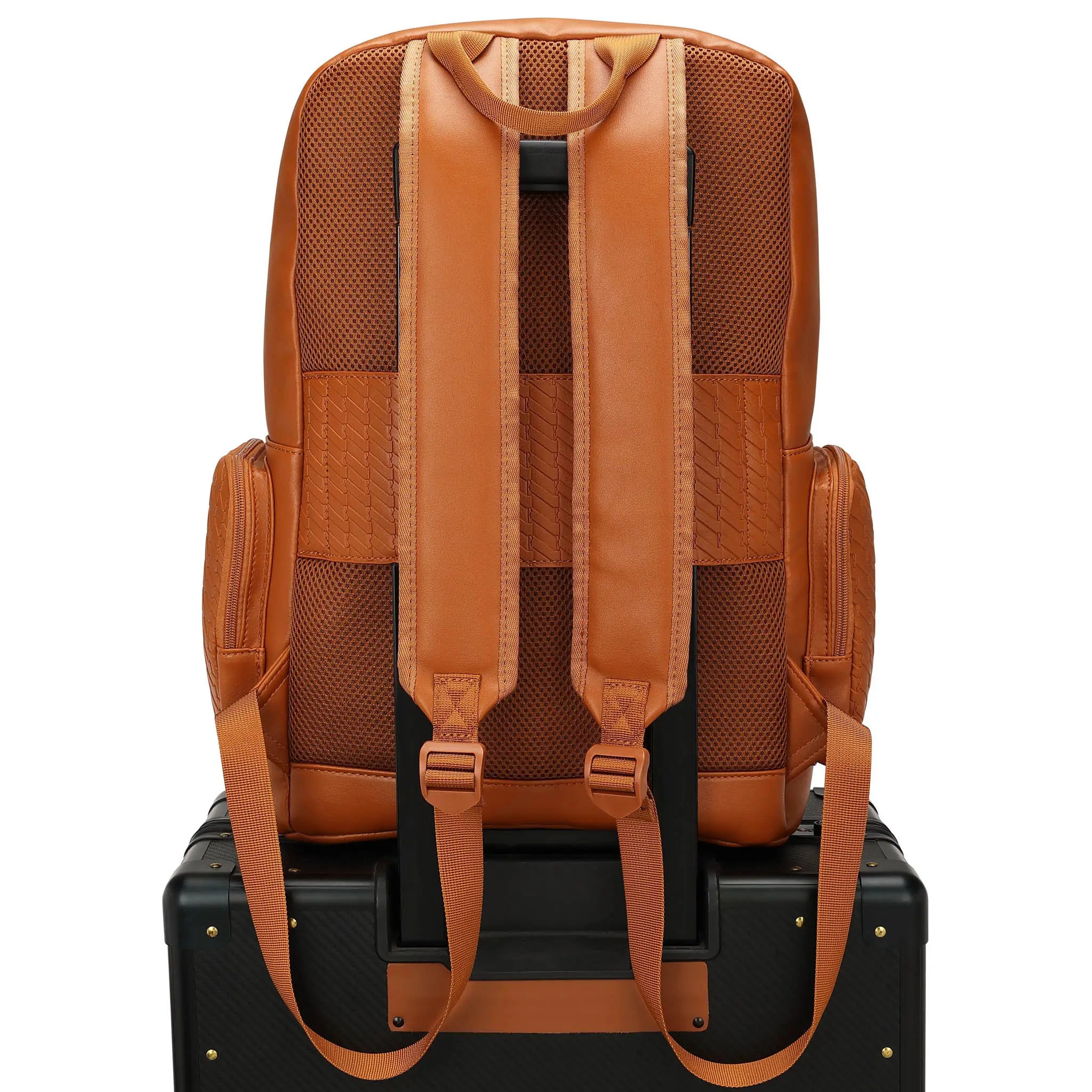 Side angle of 27L Vegan Leather Backpack showcasing compartments