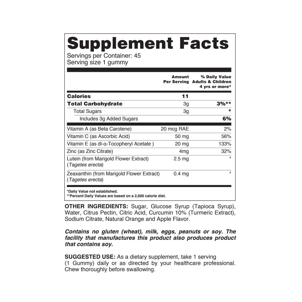 Nutritional information and benefits of Delicious Eye Health Gummies on the packaging