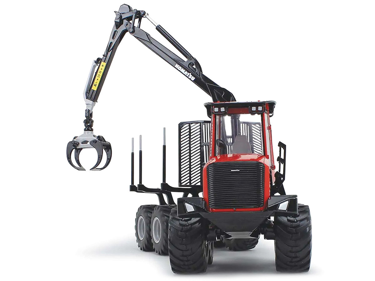 Front view of Komatsu 875.1 Forwarder Diecast Model in red and black by First Gear