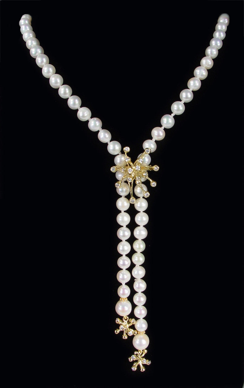 Model wearing the stunning 18K Pearl Lariat Necklace in an elegant setting