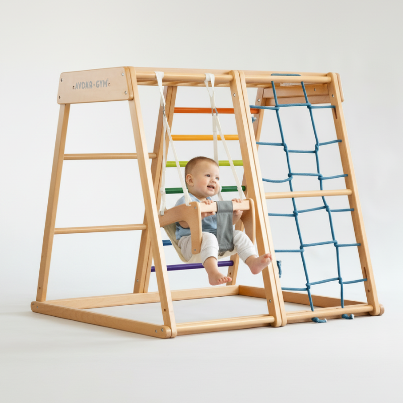 Front view of AVDAR GYM Baby Swing in natural wood finish