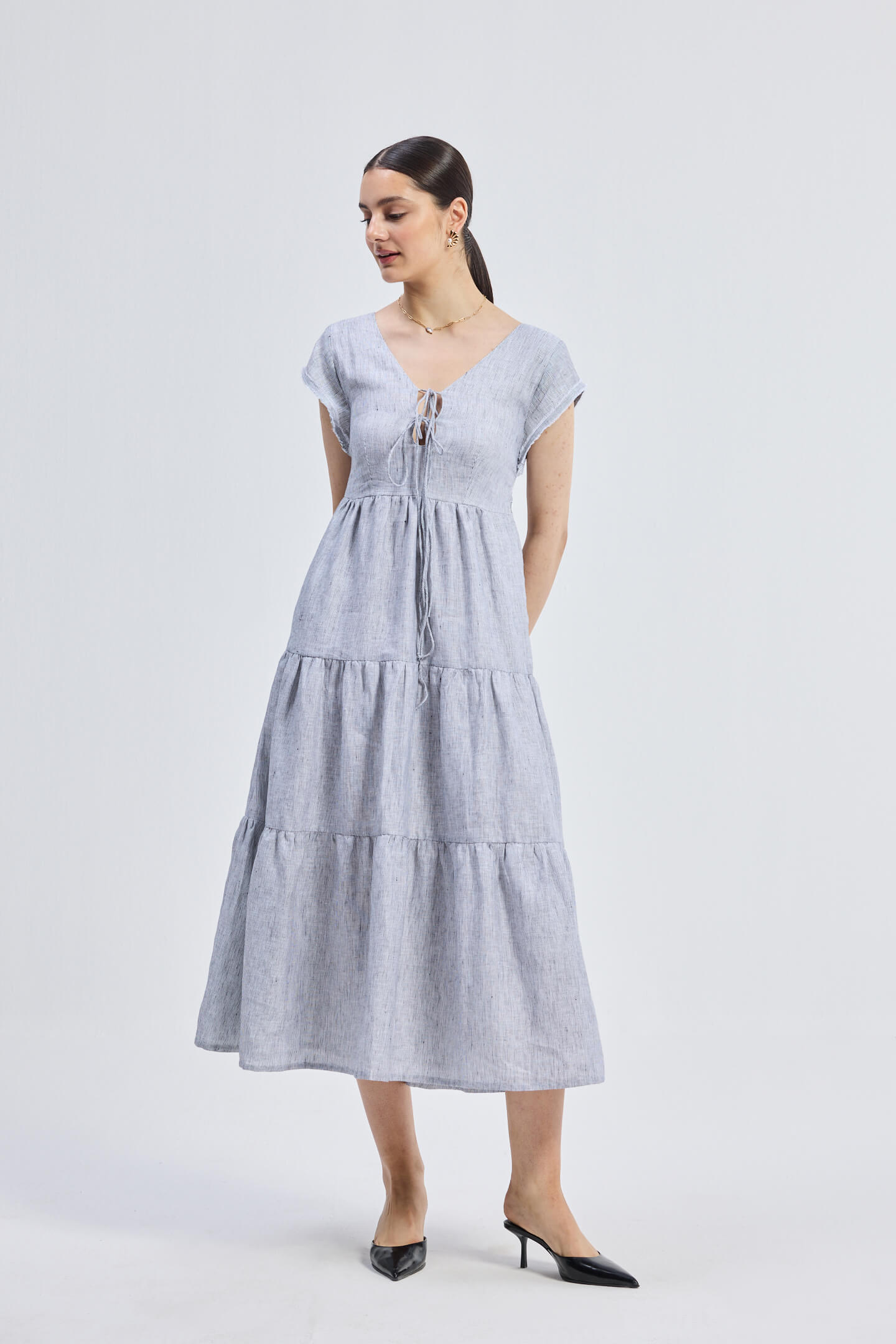 Maxi Tiered Dress with Front-ties in Linen Stripes