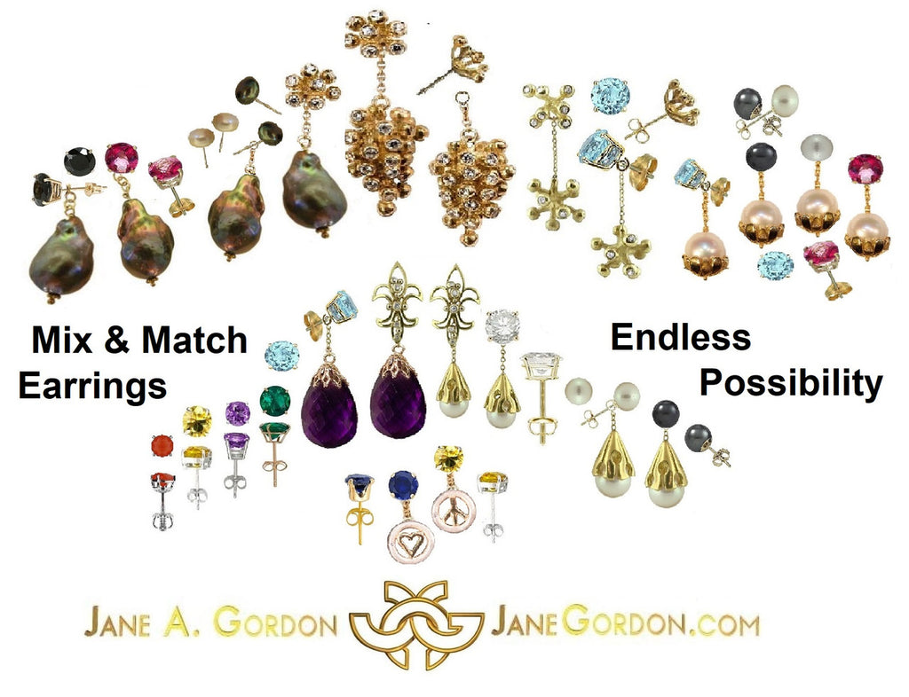 Flat lay of 18K Gold Grape Drop Earrings with accessories