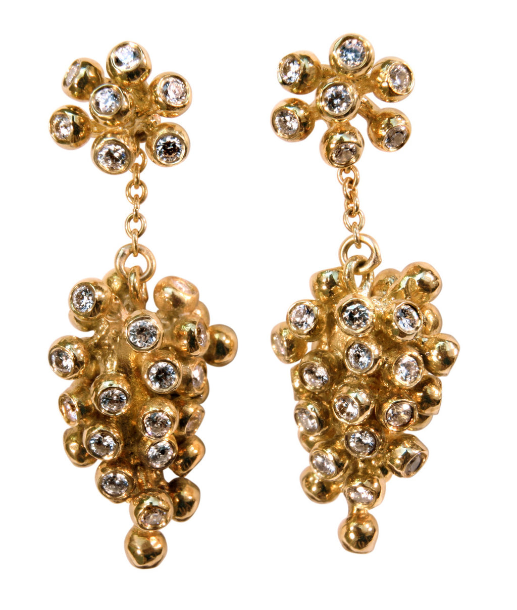 Elegant 18K Gold Grape Drop Earrings with Diamonds by Jane A Gordon