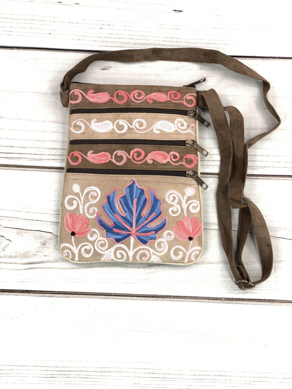 Suede Embroidered Taupe and Blue Five Zipper Crossbody Bag