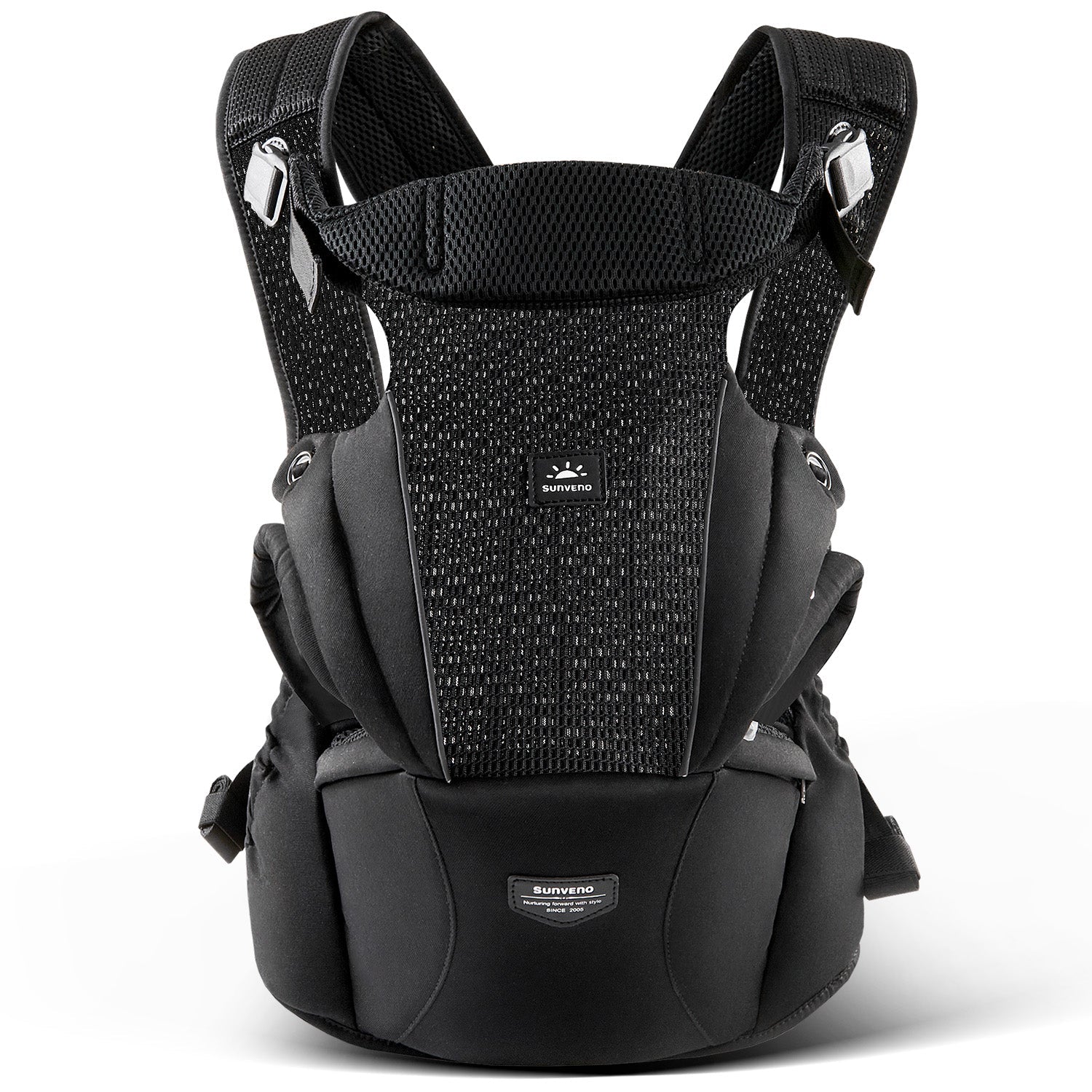 Front view of Ultimate Comfort Ergonomic Baby Carrier in grey by SUNVENO