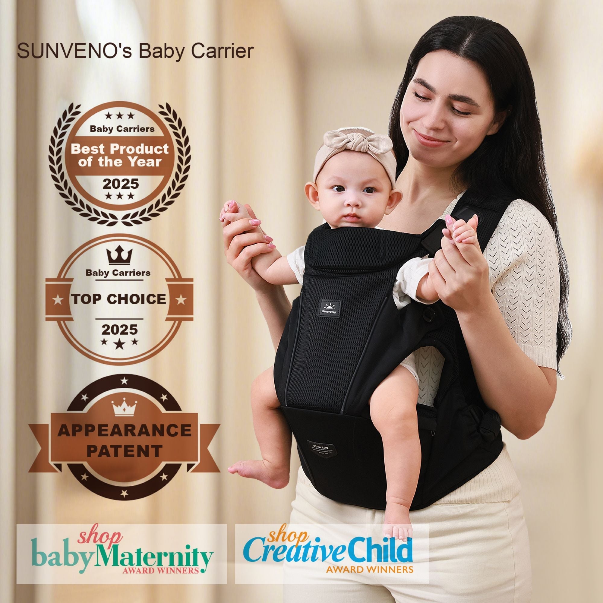 Parent carrying baby in Ultimate Comfort Ergonomic Baby Carrier by SUNVENO