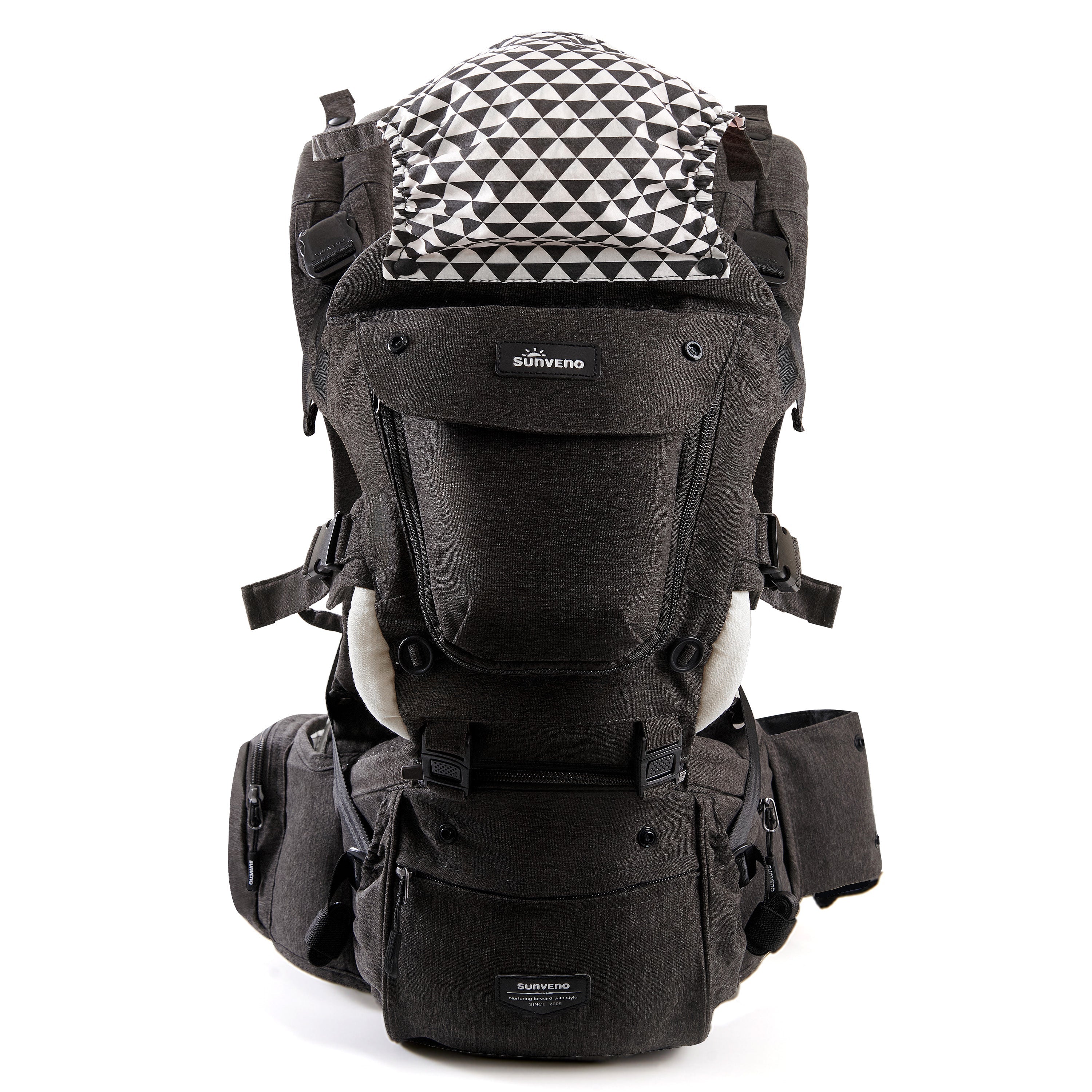 Side view showcasing SUNVENO Ergonomic Baby Carrier's double shoulder straps