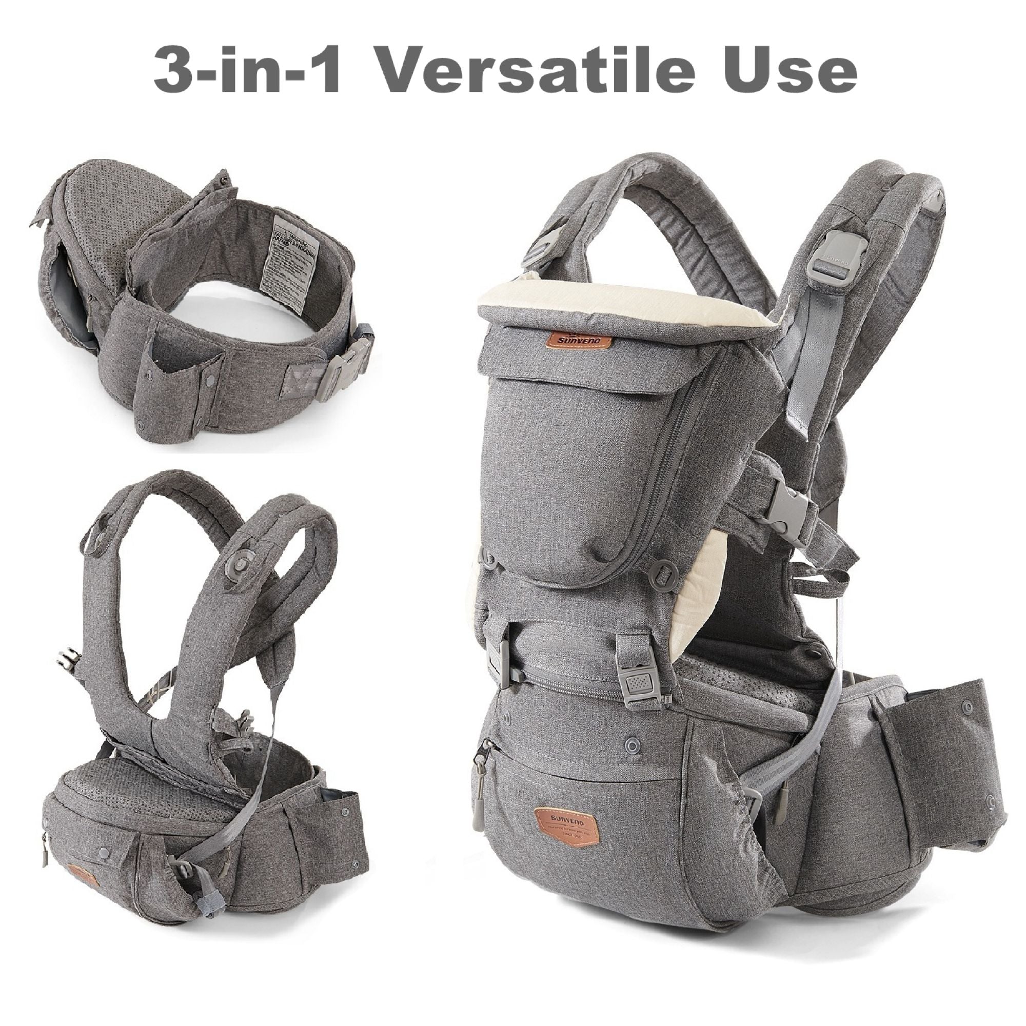 Back view of SUNVENO Ergonomic Baby Carrier demonstrating weight distribution