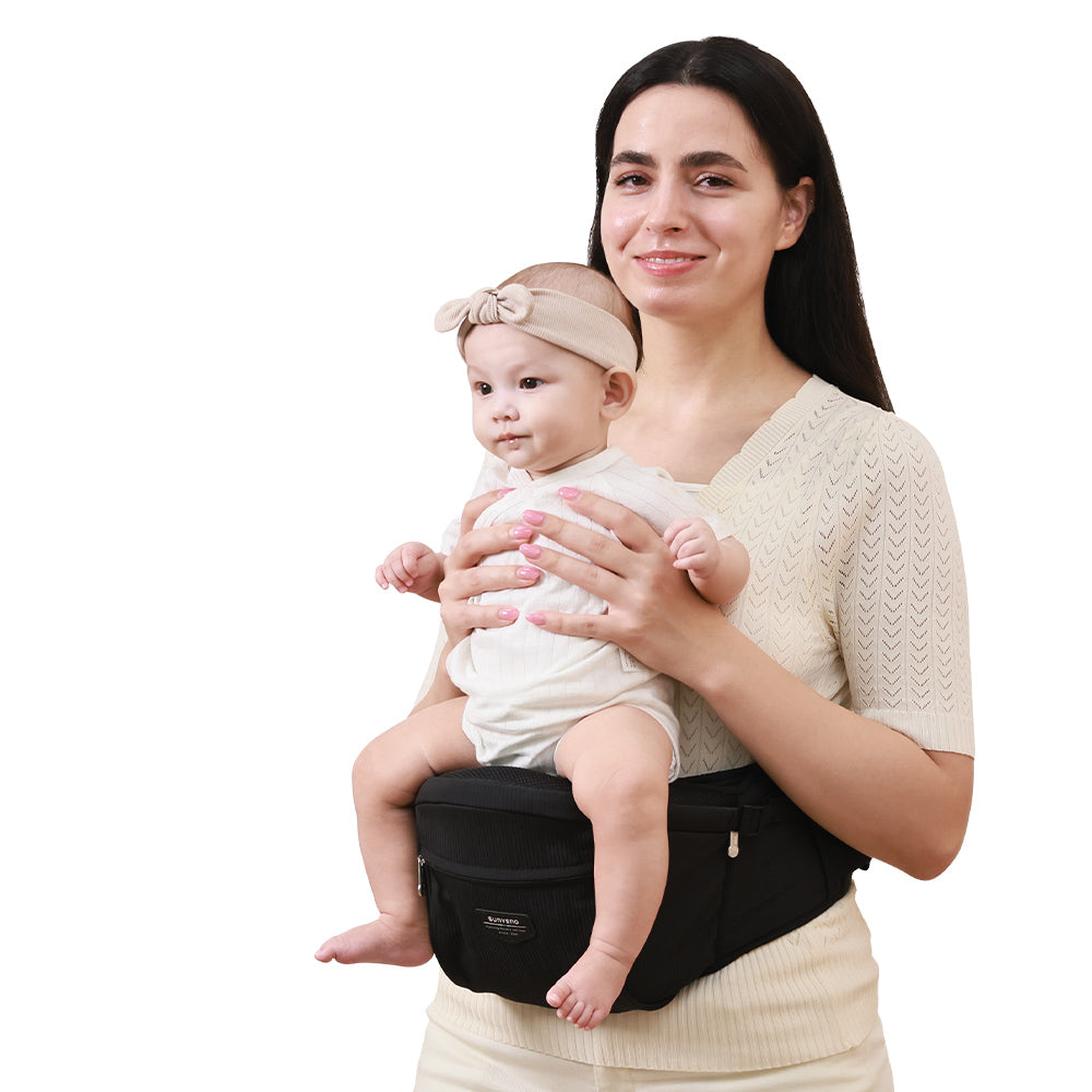 Back view of Stylish Ergonomic Baby Hipseat Carrier with baby seated comfortably