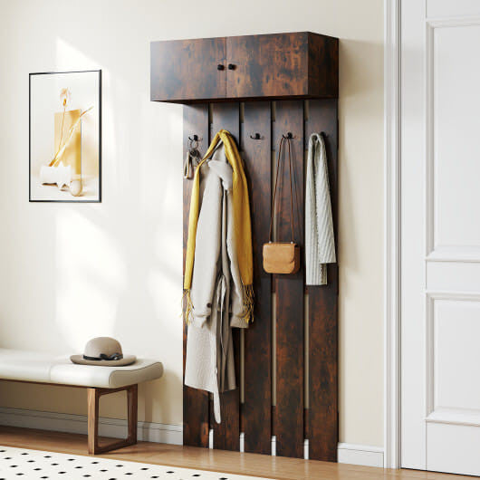 Front view of Gobingya Rustic Brown Wall Coat Rack with Storage