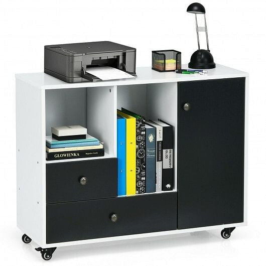 Side view of Gobingya Modern Black Rolling Filing Cabinet showcasing open shelves