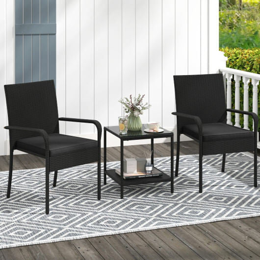 3 Piece Patio Furniture Set with Seat Cushions and Tempered Glass Tabletop-Black