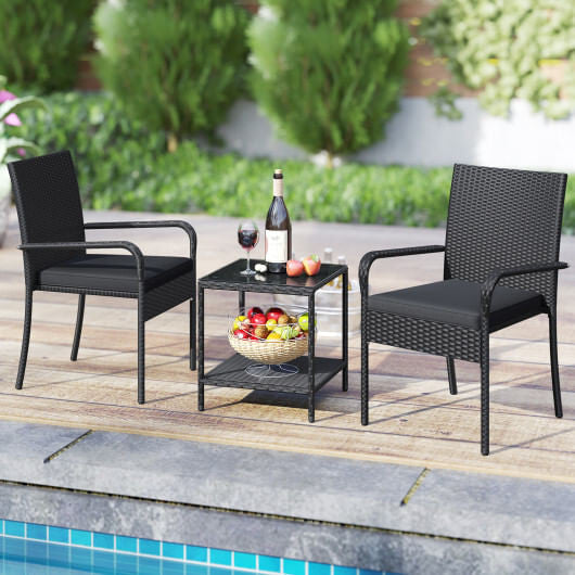 3 Piece Patio Furniture Set with Seat Cushions and Tempered Glass Tabletop-Black