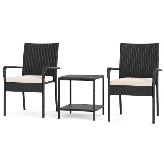 3 Piece Patio Furniture Set with Seat Cushions and Tempered Glass Tabletop-Black