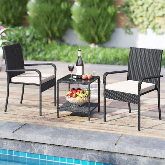 3 Piece Patio Furniture Set with Seat Cushions and Tempered Glass Tabletop-Black