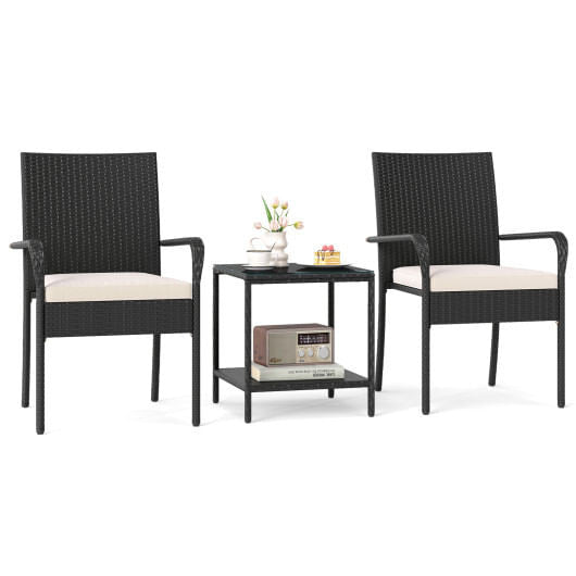 3 Piece Patio Furniture Set with Seat Cushions and Tempered Glass Tabletop-Black