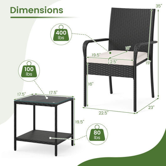 3 Piece Patio Furniture Set with Seat Cushions and Tempered Glass Tabletop-Black
