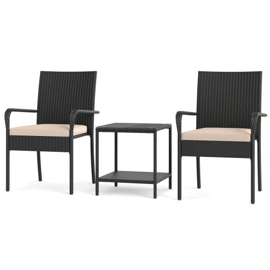 3 Piece Patio Furniture Set with Seat Cushions and Tempered Glass Tabletop-Black