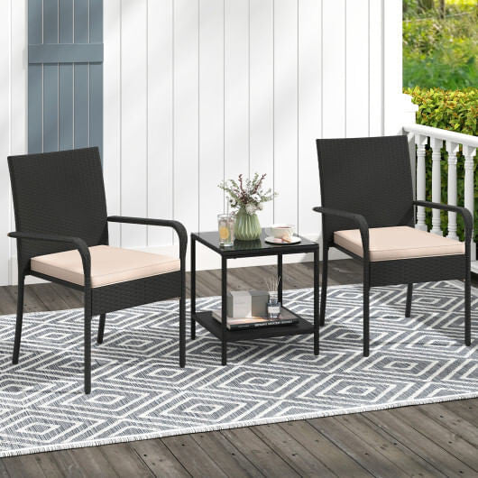 3 Piece Patio Furniture Set with Seat Cushions and Tempered Glass Tabletop-Black