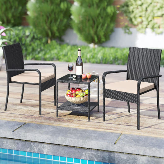 3 Piece Patio Furniture Set with Seat Cushions and Tempered Glass Tabletop-Black