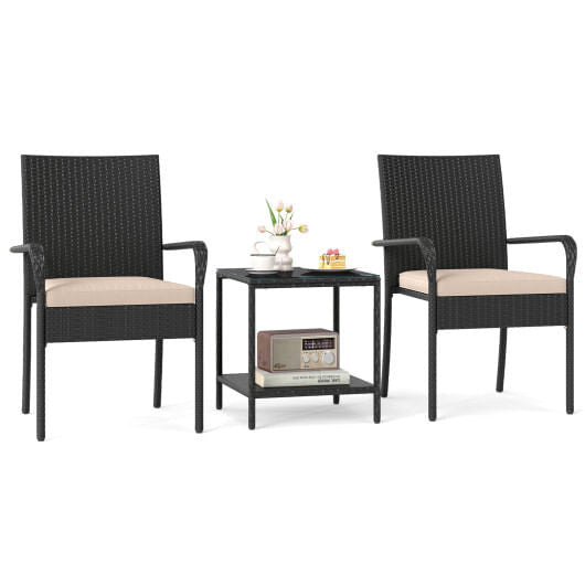 3 Piece Patio Furniture Set with Seat Cushions and Tempered Glass Tabletop-Black