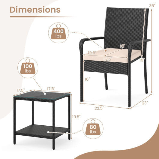 3 Piece Patio Furniture Set with Seat Cushions and Tempered Glass Tabletop-Black