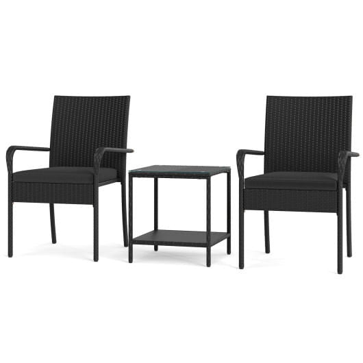3 Piece Patio Furniture Set with Seat Cushions and Tempered Glass Tabletop-Black