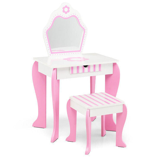 Front view of Gobingya 2-in-1 Toddler Vanity Set in white with flowers