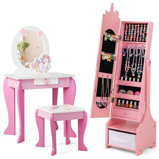 Front view of Gobingya Kids Jewelry Armoire in pink with mirror
