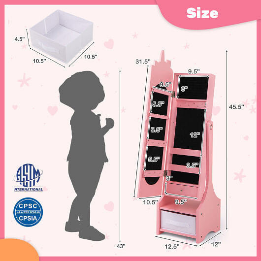 Side angle of Gobingya Kids Jewelry Armoire showing storage compartments