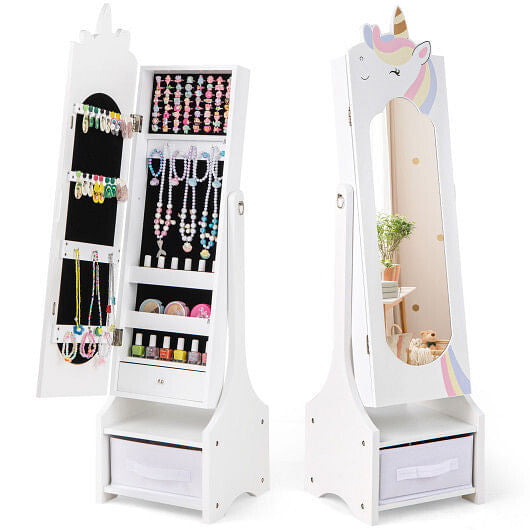 Open view of Gobingya Kids Jewelry Armoire displaying jewelry inside