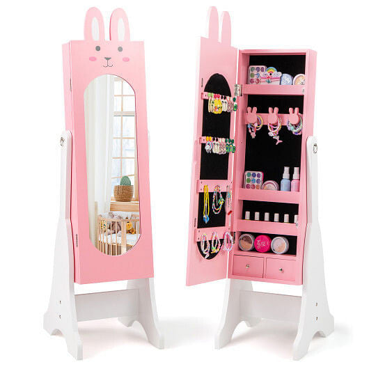 Front view of Gobingya Kids Jewelry Armoire in pink with full-length mirror