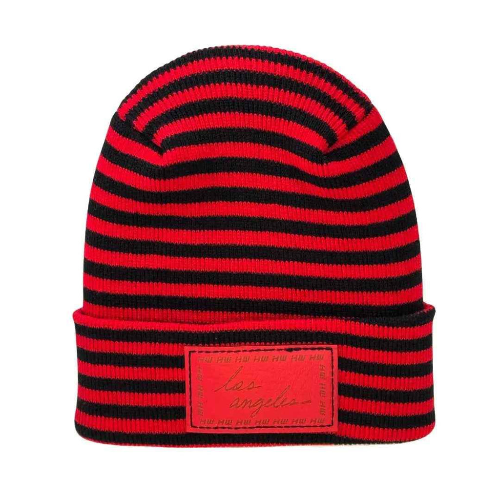 Front view of Limited Edition Haakwear Los Angeles Beanie in black and red